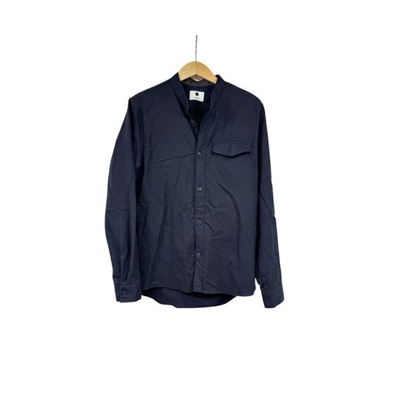 NN07 Men’s Stockholm Grandad Collar Wool Blend Navy Blue Over shirt Mens Small - Picture 1 of 8